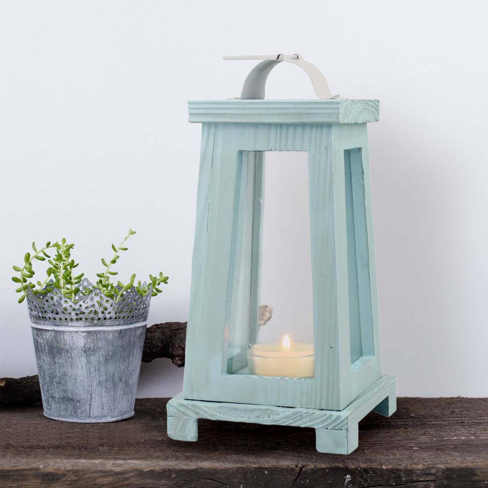Nautical Blue Painted Wood Tabletop Hurricane Candle Lantern