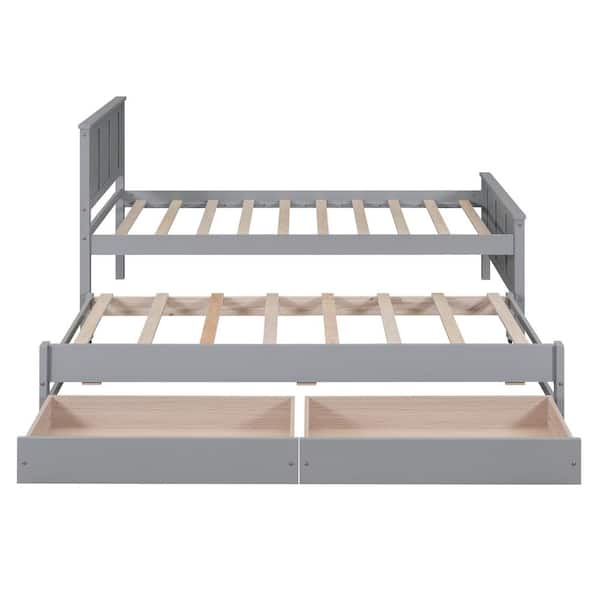 Gray Wood Frame Twin Size Platform Bed with Trundle and 2 Drawers