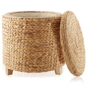 Round Water Hyacinth Storage Ottoman Footrest with Lid in Natural