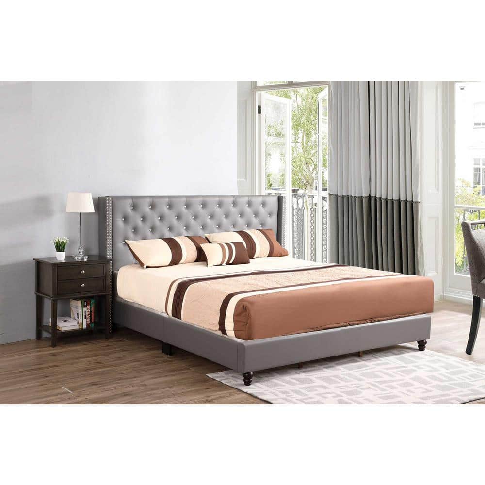 Julie Light Grey Velvet Tufted Upholstered King Bed with Nailhead Trim