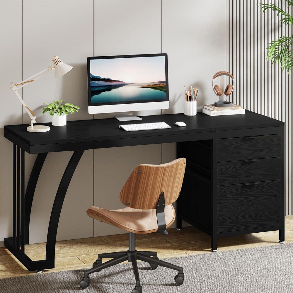 Moronia 59 in. Rectangle Black Wood Computer Desk Industrial Study Writing Table with Reversible Drawers