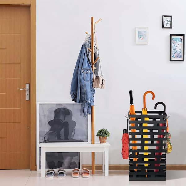Large Metal Umbrella Stand Black with Removable Water Tray and-Hooks for Entryway Storage Indoor 23 in.