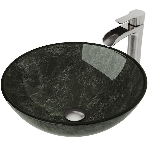 Glass Round Vessel Bathroom Sink in Onyx Gray with Niko Faucet and Pop-Up Drain in Brushed Nickel