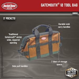 12 in. Gatemouth Tool Bag with zippered top and 16 Total Pockets