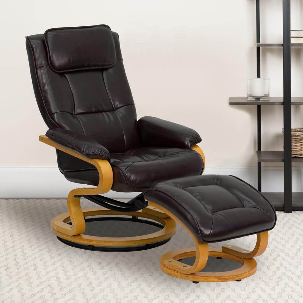 Brown Leather Swivel Recliner with Wood Frame