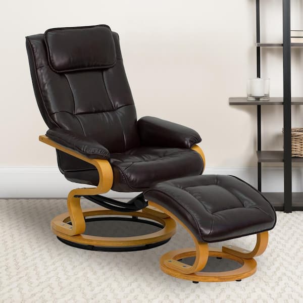 Flash Furniture Contemporary Brown Leather Recliner and Ottoman with Swiveling Maple Wood Base BT7615BNCURV