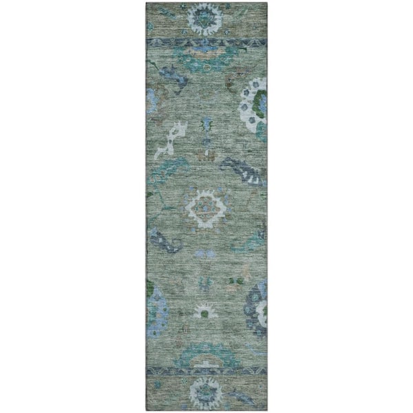Mayfield Premium Machine Washable Abstract AMF2229 Aloe 2 ft. x 7 ft. Runner Rug