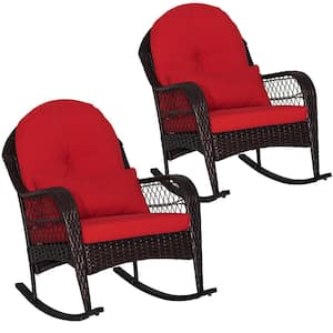 Wicker Outdoor Rocking Chair with Red Seat Back Cushions and Lumbar Pillow Balcony