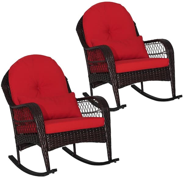 Costway Wicker Outdoor Rocking Chair with Red Seat Back Cushions and Lumbar Pillow Balcony