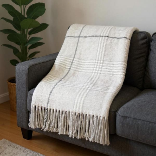 Sand, White Plaid Polyester, Cotton Throw Blanket