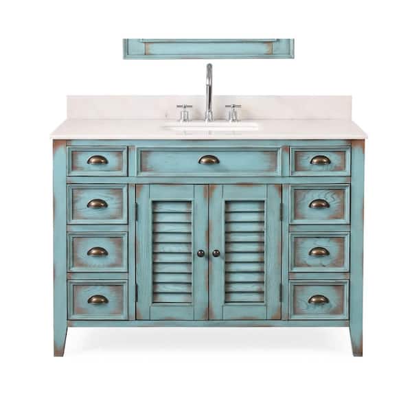 Benton Collection Abbeville 46 in. W x 21.5 in D. x 34 in. H White Marble Vanity Top in Distressed Blue with White Under mount Sink Vanity