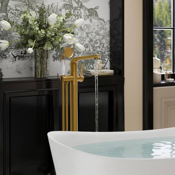 Floor Mount 2-Handle Freestanding Tub Faucet Claw Foot Tub Faucet Bathtub Filler with Hand Shower in Brushed Gold