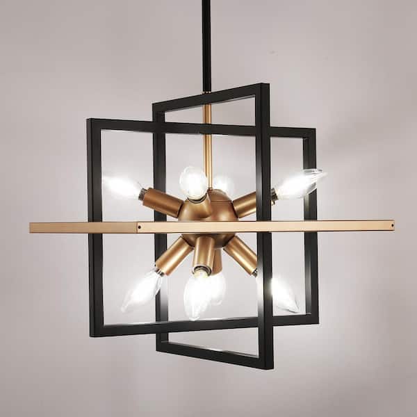 8-Light Black and Gold Modern Geometric Chandelier, Industrial Adjustable Hanging Sputnik Pendant Light for Dining Room