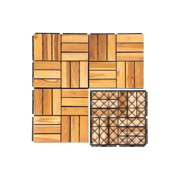 Tunearary 12 in. x 12 in. Square Wood Interlocking Natural Flooring Tiles Checker Pattern for Patio Garden Deck (10-Tiles)
