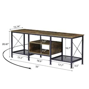 TV Stand with Power Outlets, Brown TV Console for 65 in. Industria Media Entertainment Center with Charging Station