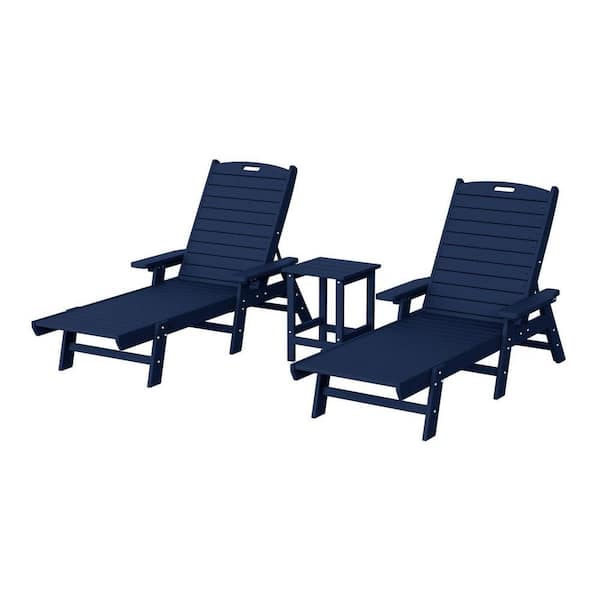 Harlo 3-Piece Navy Blue Fade Resistant HDPE Plastic Reclining Outdoor Patio Chaise Lounge Arm Chair and Table Set
