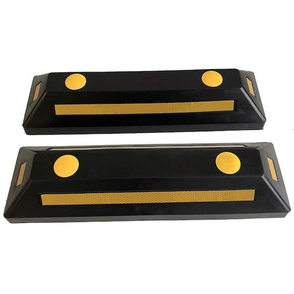 MaxxHaul Commercial Grade Rubber Curb Parking Blocks with Yellow Reflective Strips Wheel Stops (2-Pack)
