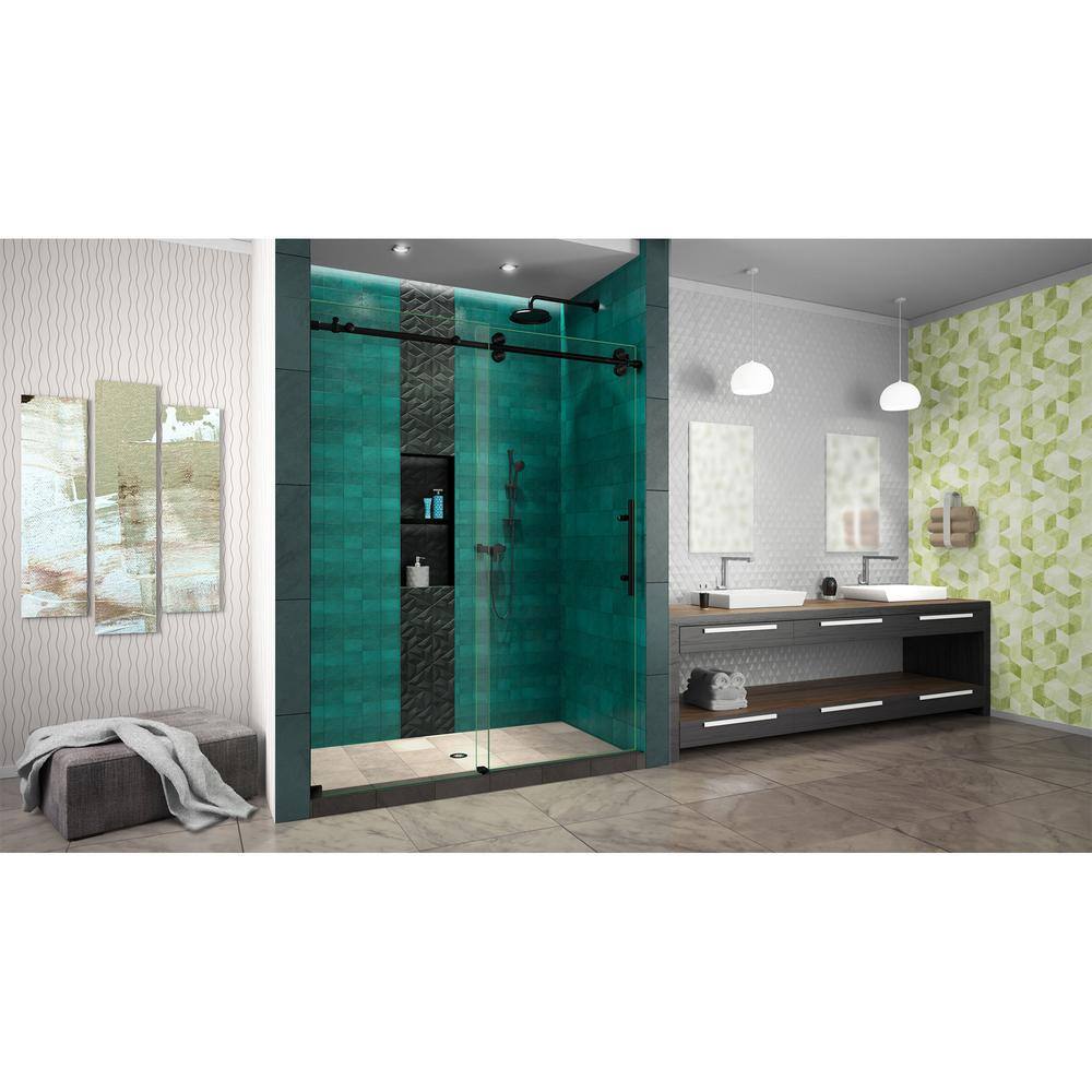 Enigma-XO Frameless Clear Glass Sliding Shower Door in Satin Black Stainless Steel
