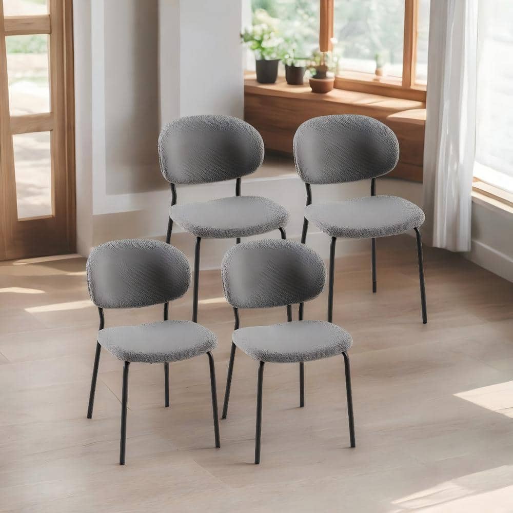 Modern Gray Boucle Fabric Armless Dining Chairs with Black Metal Legs for D