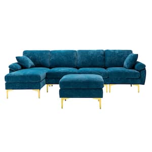 114 in. Rolled Arm 4-Piece Velvet L-Shaped Sectional Sofa in Teal Blue with Chaise