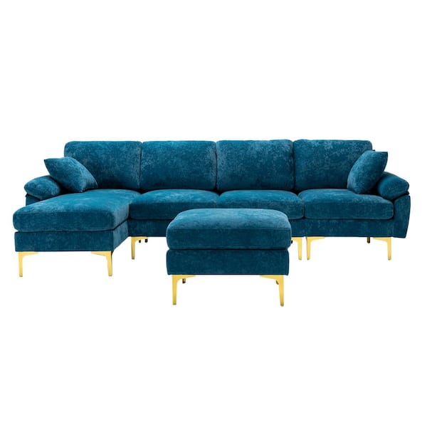 HOMEFUN 114 in. Rolled Arm 4-Piece Velvet L-Shaped Sectional Sofa in Teal Blue with Chaise