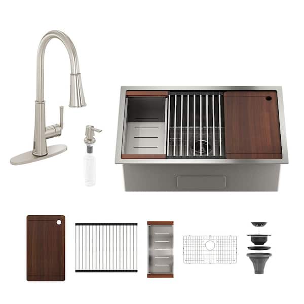 36 in. Undermount Single Bowl Nano Brushed Stainless Steel Workstation Kitchen Sink with Kitchen Faucet and Accessories