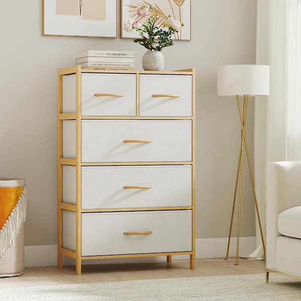 draw drawers ベージュ バックオープン Tシャツ Gymax 5-Drawer Bamboo Chest of Drawers Storage Organizer Unit for