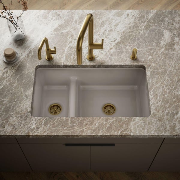 Iron/Tones Smart Divide 33 in. Undermount Double Bowl Cast Iron Kitchen Sink in Truffle
