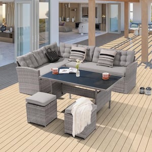 5-Piece Patio Dining Sofa Set Widened Back and Arm PE Rattan Outdoor Furniture Set, Linen Grey