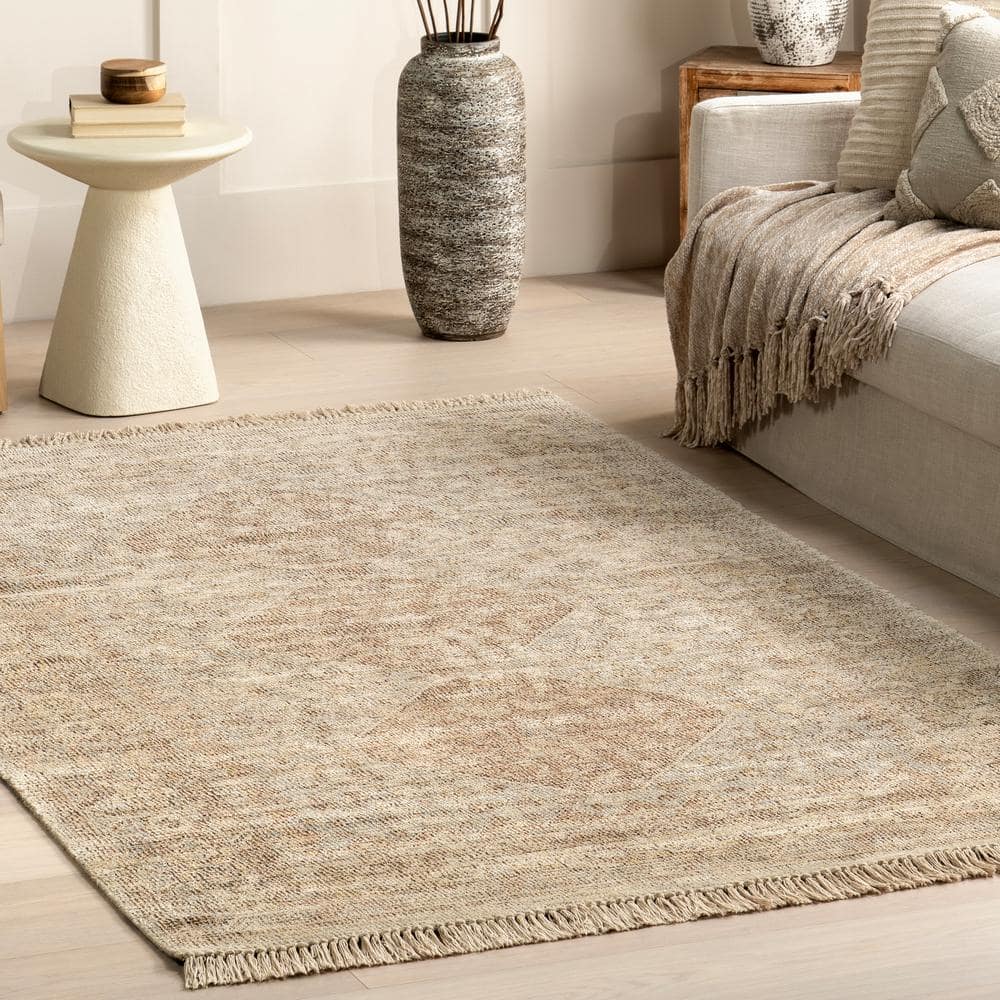 Rosia Khaki and Beige 10' x 14' Wool Blend Tasseled Area Rug