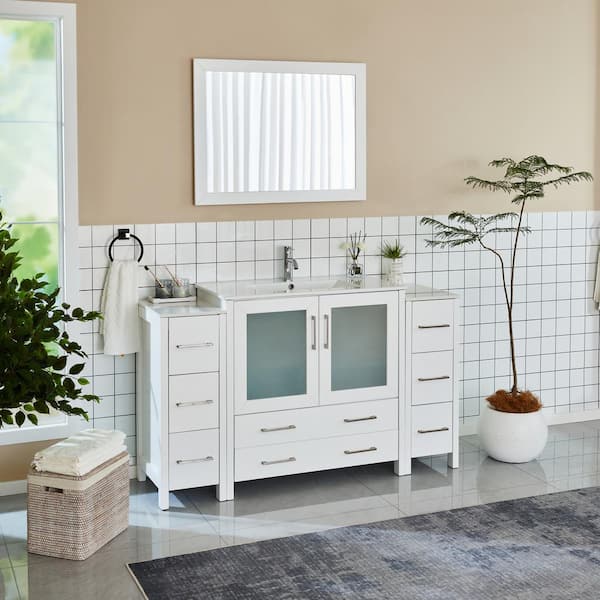 Brescia 60 in. W x 18 in. D x 36 in. H Bathroom Vanity in White with Single Basin Vanity Top in White Ceramic and Mirror