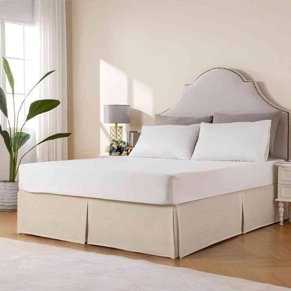 Angel Sar 14 in. Cream Pleated Waffle Weave Queen Bed Skirt, Easy Fit Machine Washable