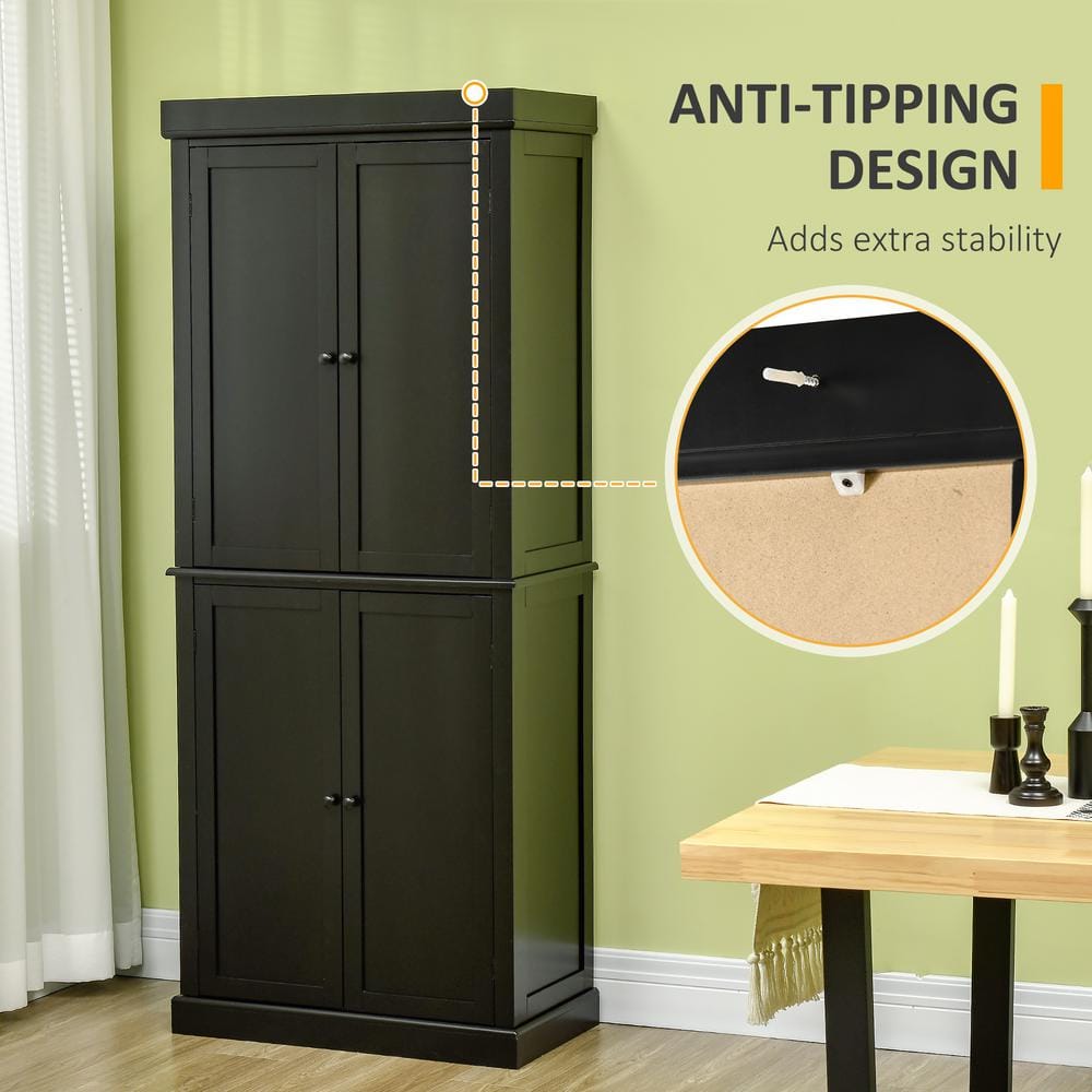 Tall Black MDF Kitchen Pantry Cabinet with Recessed Panel Doors