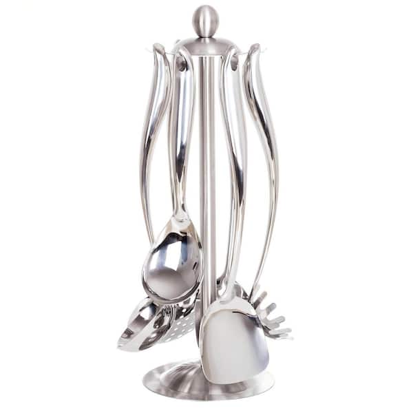 7-Piece Stainless Steel Cookware Set with Holder, Kitchen Tools Set-Spatula, Ladle, Skimmer, Turner, Pasta and Spoon