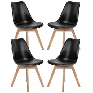 Black Mid-Century Modern PU Leather Cushion Dining Accent Chair with Wood Legs (Set of 4)
