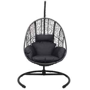 1-Person Black All-Weather Wicker Outdoor Patio Swing Chair with Stand and Seamless Steel Frame in Dark Gray Cushions