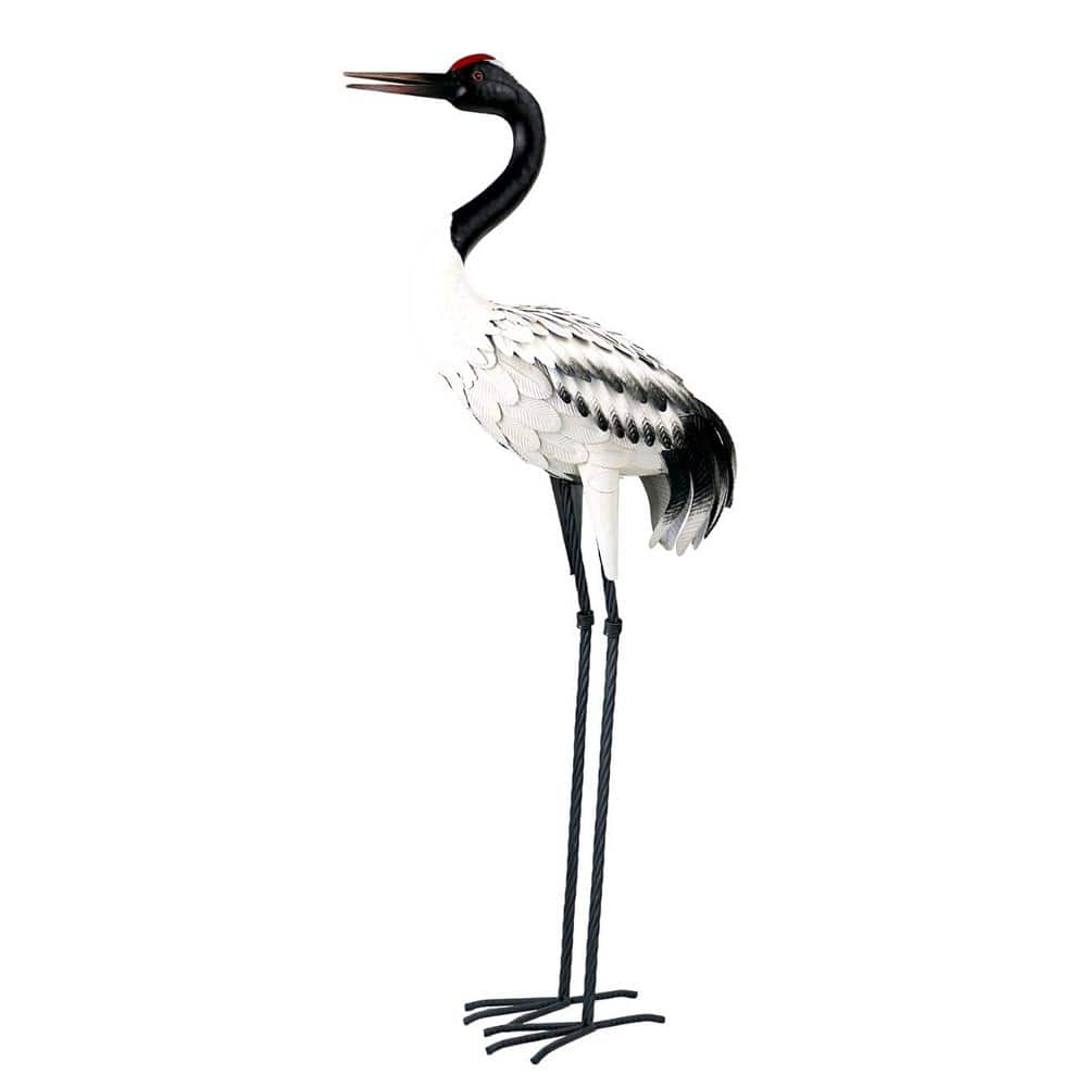Set of 2 Tall Black-Necked White Iron Crane Garden Figurines