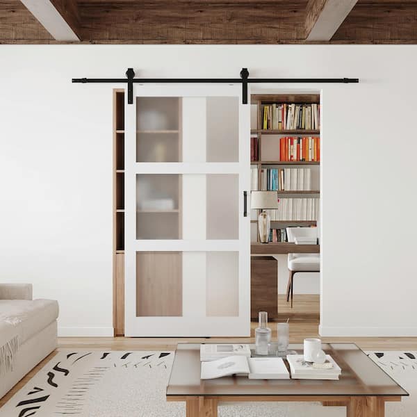 42in. x 84in. 3-Lite Frosted Glass MDF White Sliding Assembly Required Barn Door with Hardware Kit, Unfinished