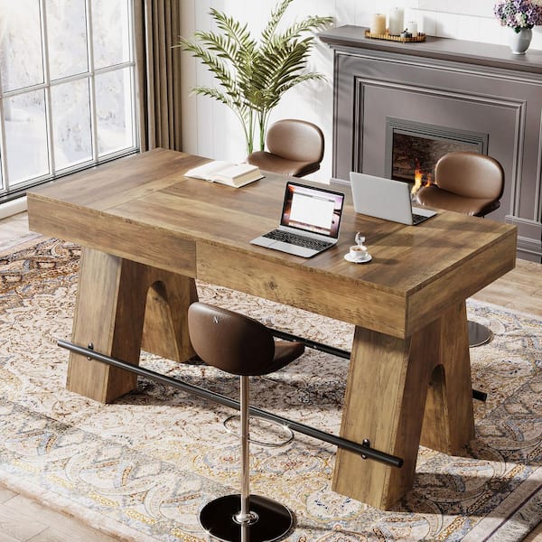 Kearsten Brown 63 in. Bar Height Pub Table, Rectangular High Top Dining Counter Tables with Metal Footrest for Home Bar