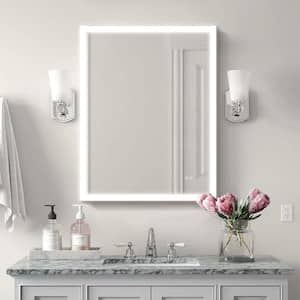 28 in. W x 36 in. H Rectangular Framed Anti-Fog LED Light Wall Bathroom Vanity Mirror with Touch Button, White