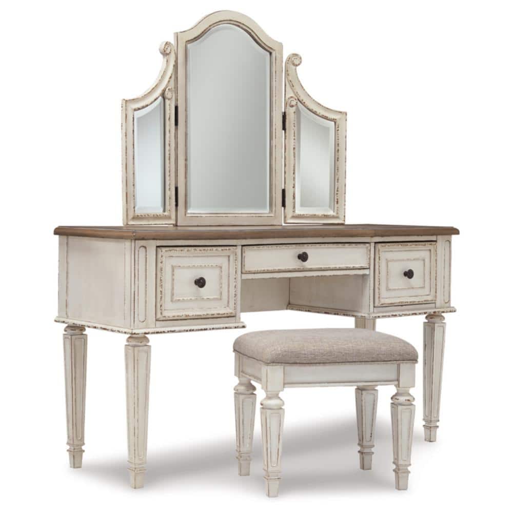 Rustic White 3-Drawer Vanity Set with Bench and Mirror