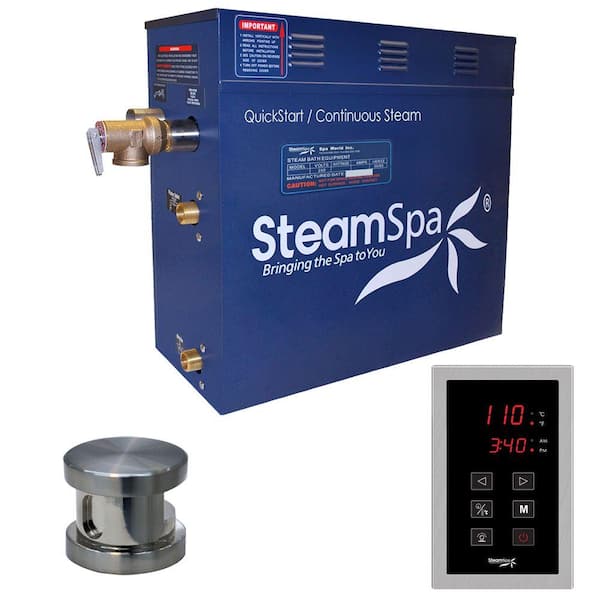 SteamSpa Oasis Series 6kW Steam Bath Generator Package with Continuous Steam and Quick Start Technology in Brushed Nickel
