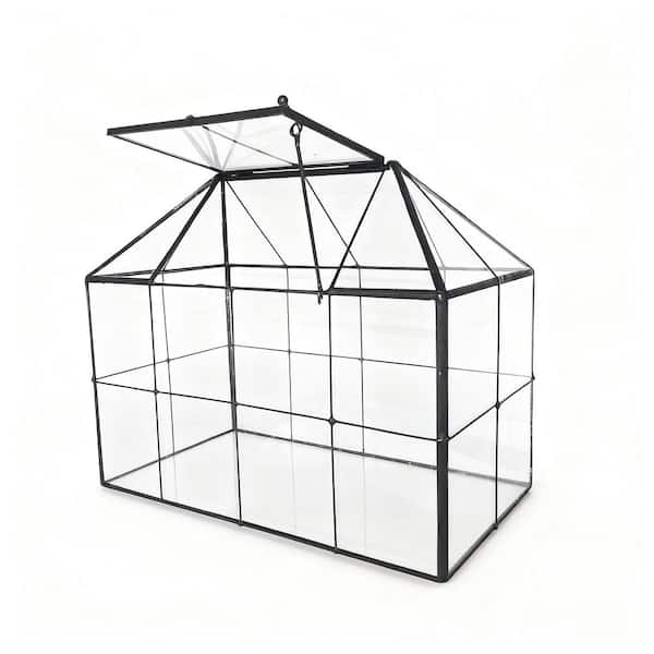 9.84 x 5.31 x 7.87 in. Black Glass Grid House Shape Indoor Terrarium Planter with Lid