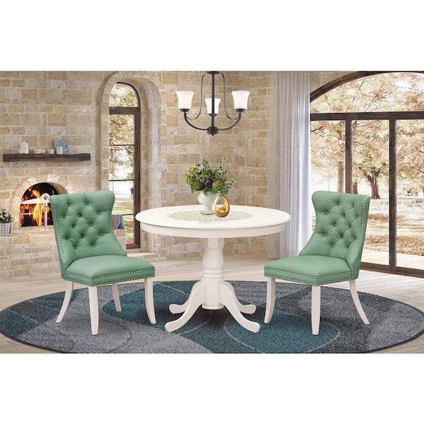 East West Furniture 3-Piece Linen White Finish Solid Wood Top - Round Upholstered Dining Room Set - Seats-4