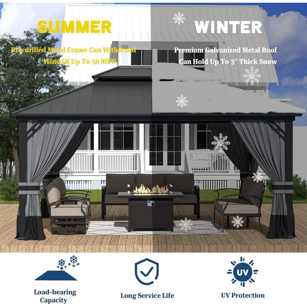 Gray 12x16ft Hardtop Gazebo with Nettings and Curtains