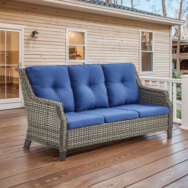 Opohoro TidyFoot Metal and Gray Wicker Outdoor 3-Seat Sectional Couch Sofa with Olefin Navy Blue Family Cushions