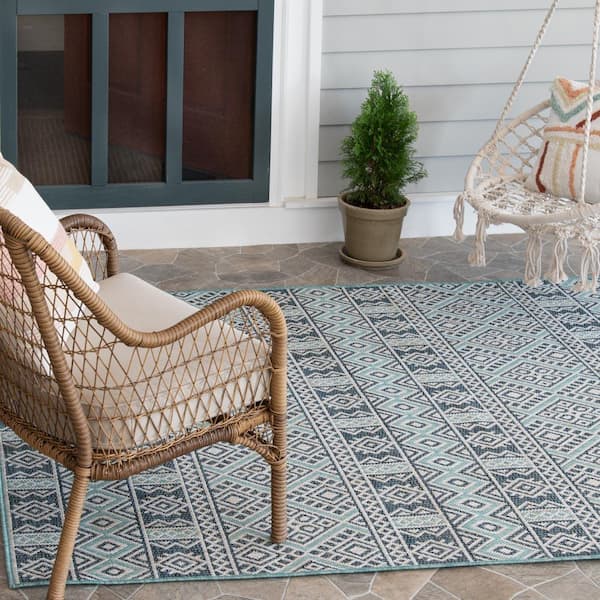 Aqua/Cream5 ft. x 7 ft. Modern Polypropylene Indoor/Outdoor Area Rug