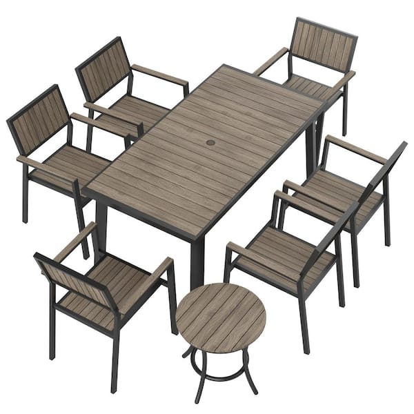 PamaPic 8-Piece Aluminum Black Outdoor Patio Dining Set with Rectangle Table, Small Side Table and 6-Stackable Chairs