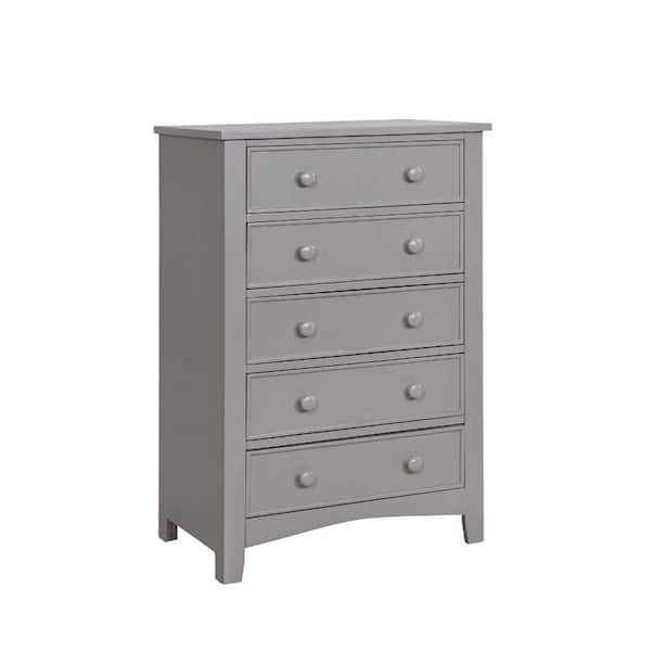 Benjara Solid Wood Gray Five Drawer Chest with Round Knob Pull 17.13 inches L x 29 inches W x 42.5 inches H