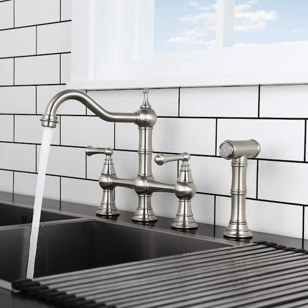 Double Handle Bridge Kitchen Sink Faucet with Side Sprayer in Brushed Nickel